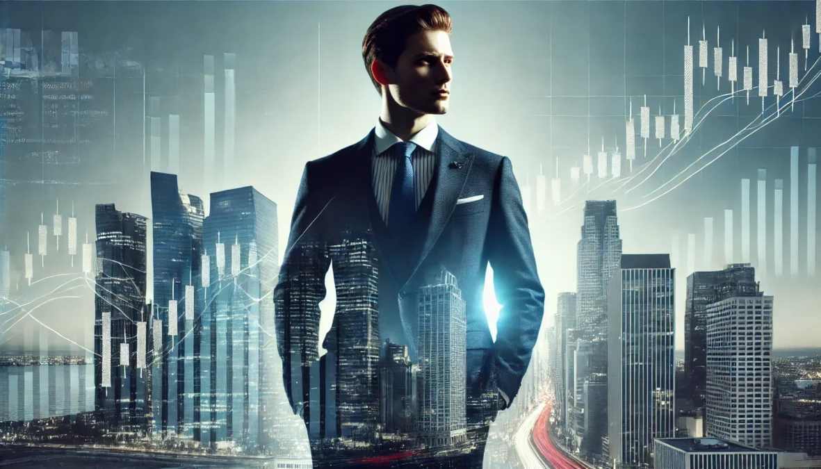 A professional and realistic illustration of a successful banking executive, similar to the previous image, standing confidently in front of a modern financial district with stock market graphs subtly integrated into the background. The figure should exude wealth, leadership, and financial expertise, while maintaining a distinguished and authoritative presence.